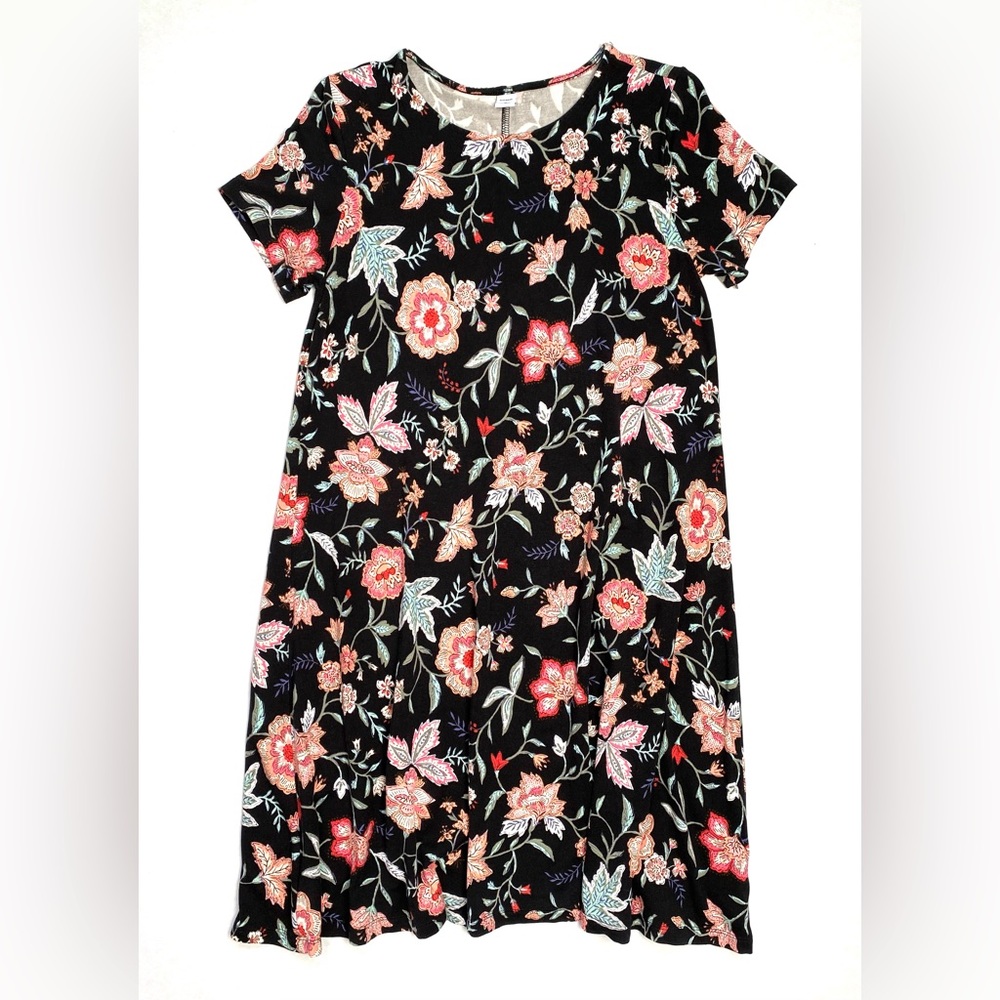 Old Navy Women's Black Floral Short Sleeve Crew Neck A-Line Swing Dress Size M